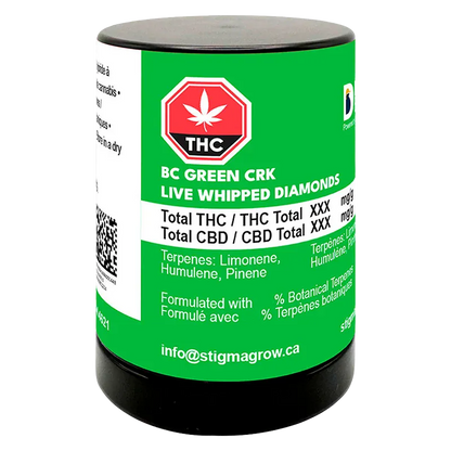 Front three-quarter view of the BC Green CRK Live Whipped Diamonds cylindrical green and black container with a THC symbol and product text on the label