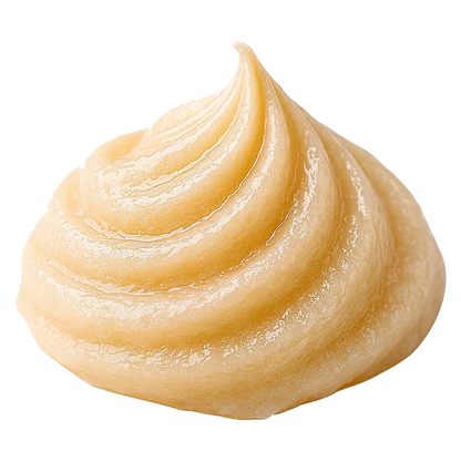 Close-up of a glossy beige cream swirl, BC Green CRK Live Whipped Diamonds shown from a low front angle on a white background