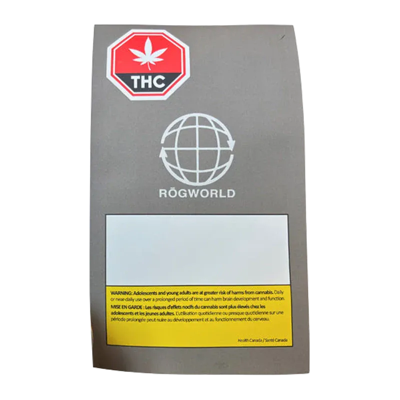 Front-facing shot of the Strawberry OG Whipped Live Resin pack showing a gray ROGWORLD-branded box with a red THC octagon and yellow warning panel.