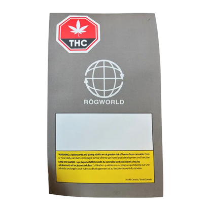 Front-facing shot of the Strawberry OG Whipped Live Resin pack showing a gray ROGWORLD-branded box with a red THC octagon and yellow warning panel.