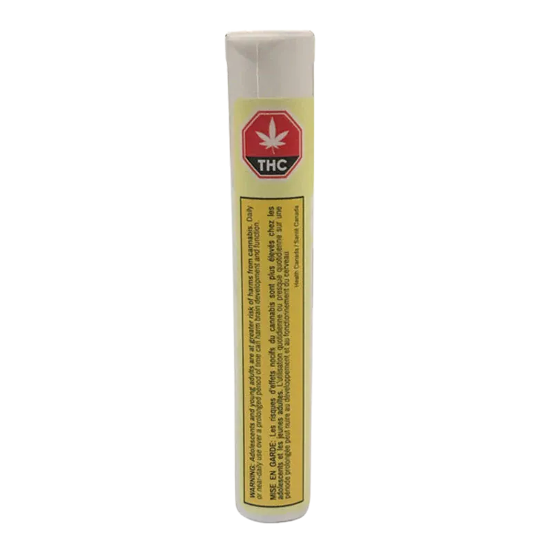 Straight-on view of a slim white tube labeled Formula 55 Blue Jolt Infused PR 3 x 0.5 g with a red THC stop sign near the top.