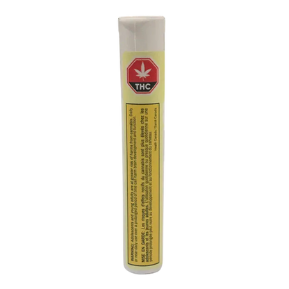 Straight-on view of a slim white tube labeled Formula 55 Blue Jolt Infused PR 3 x 0.5 g with a red THC stop sign near the top.