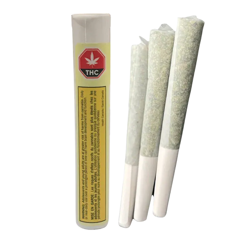 Tube and three prerolled joints photographed upright on a white background, showing the Formula 55 Blue Jolt Infused PR 3 x 0.5 g tube beside three filled papers.