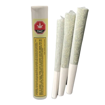 Tube and three prerolled joints photographed upright on a white background, showing the Formula 55 Blue Jolt Infused PR 3 x 0.5 g tube beside three filled papers.