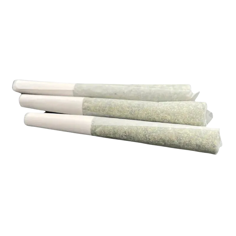 Angled close-up of three pre-rolled joints arranged in a staggered stack, labeled Formula 55 Blue Jolt Infused PR 3 x 0.5 g.