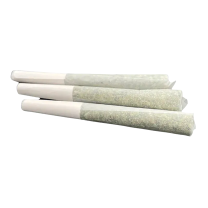 Angled close-up of three pre-rolled joints arranged in a staggered stack, labeled Formula 55 Blue Jolt Infused PR 3 x 0.5 g.