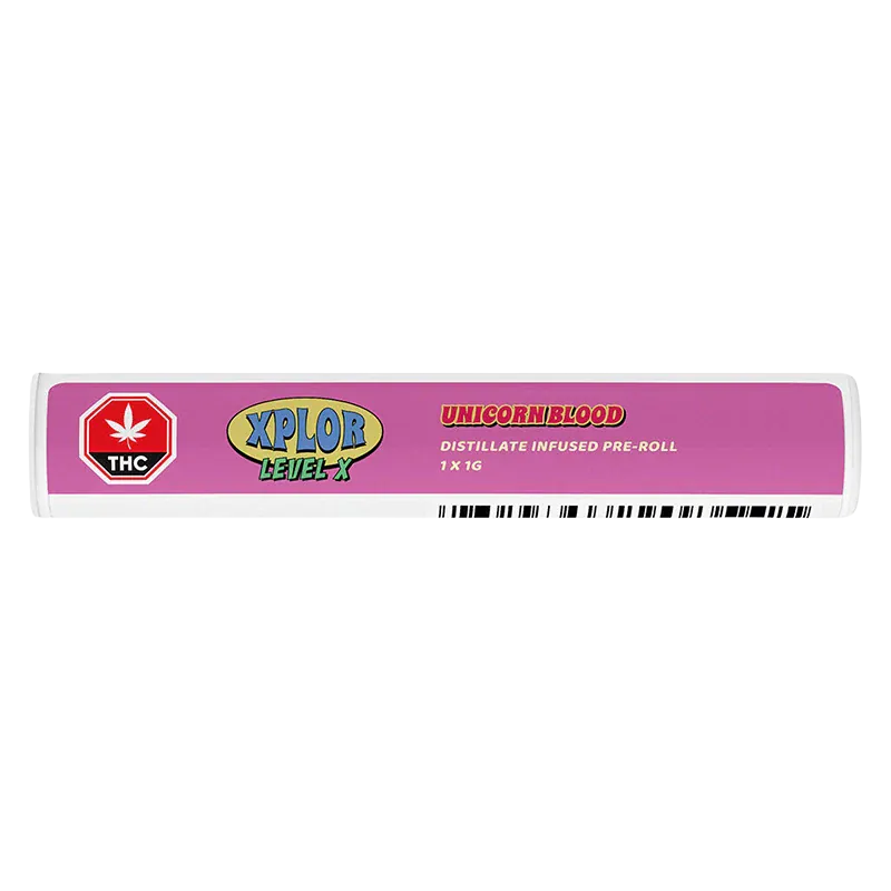 Horizontal close-up of the Unicorn Blood Distillate Infused PR 1 x 1 g tube label in pink with XPLOR logo and THC symbol.