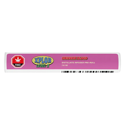 Horizontal close-up of the Unicorn Blood Distillate Infused PR 1 x 1 g tube label in pink with XPLOR logo and THC symbol.