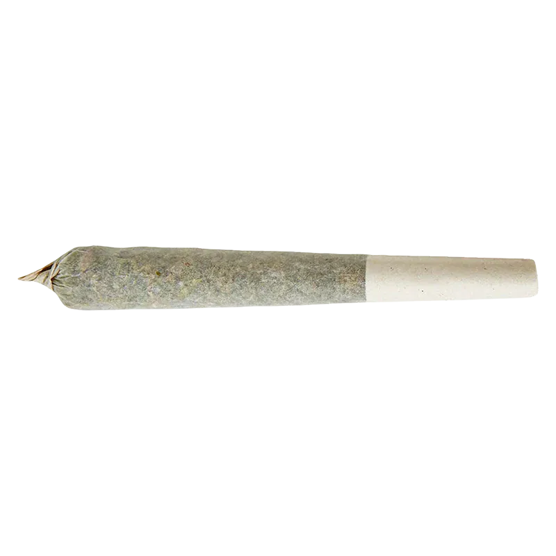 Side view of a rolled joint labeled Unicorn Blood Distillate Infused PR 1 x 1 g against a white background.