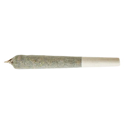 Side view of a rolled joint labeled Unicorn Blood Distillate Infused PR 1 x 1 g against a white background.