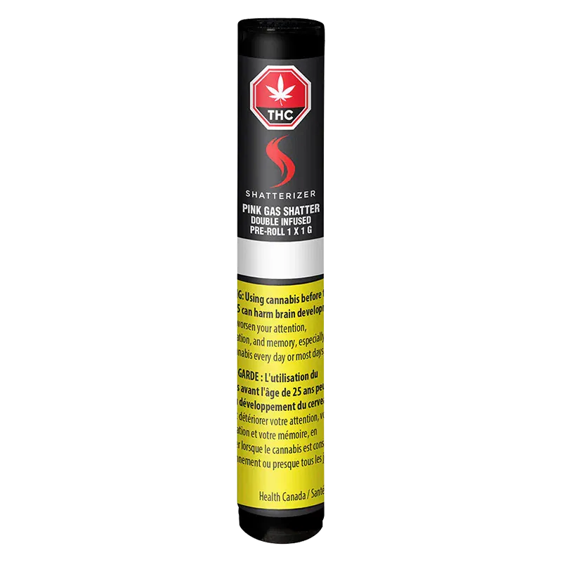 Vertical product shot of the Pink Gas Shatter Double Infused PR 1 x 1 g pre-roll tube with black cap, red logo and yellow health warning label.