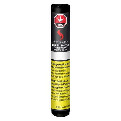 Vertical product shot of the Pink Gas Shatter Double Infused PR 1 x 1 g pre-roll tube with black cap, red logo and yellow health warning label.