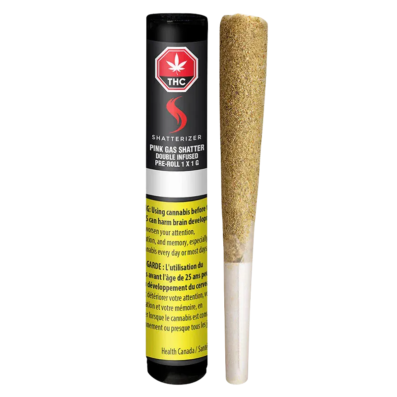A front-facing shot of the Pink Gas Shatter Double Infused PR 1 x 1 g tube standing beside the pre-roll on a white background, label and yellow health warning visible.