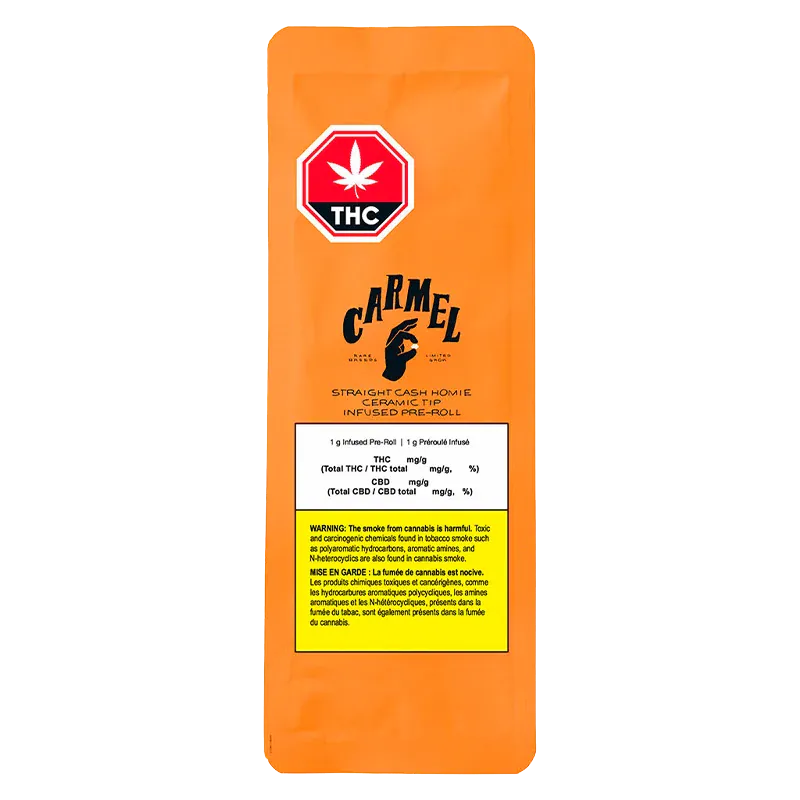 Front-facing shot of the orange packet labeled Straight Cash Homie Ceramic Tip Infused PR 1 x 1 g with a red THC stop sign and black CARMEL logo.