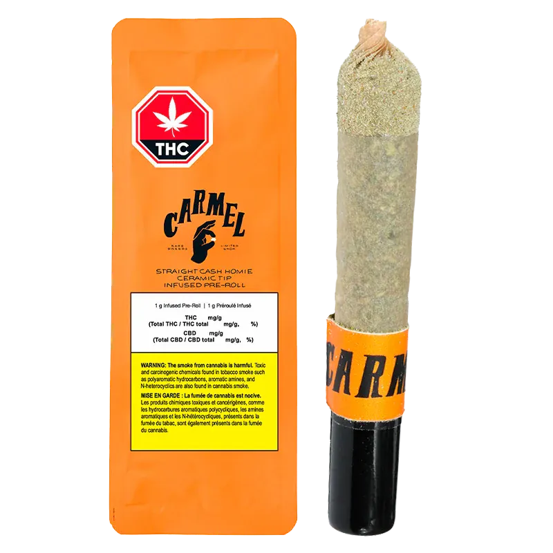 Straight Cash Homie Ceramic Tip Infused PR 1 x 1 g shown upright with orange branded packaging on the left and a kief-coated pre-roll with a ceramic black tip on the right