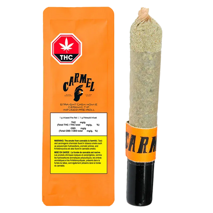 Straight Cash Homie Ceramic Tip Infused PR 1 x 1 g shown upright with orange branded packaging on the left and a kief-coated pre-roll with a ceramic black tip on the right