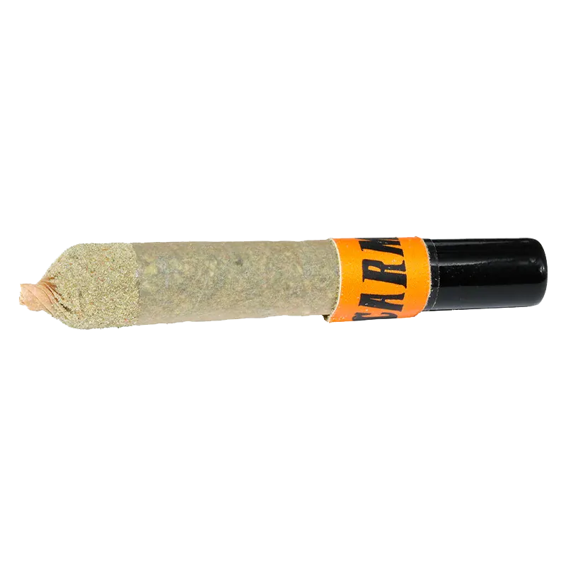 Horizontal close-up of a kief-coated joint with a black tip and orange label reading the brand on the Straight Cash Homie Ceramic Tip Infused PR 1 x 1 g.
