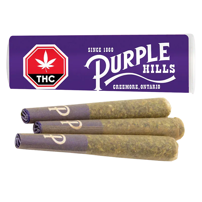 Three pre-rolled joints arranged in a row beneath a purple "Ultra Hi Infused PR 3 x 0.5 g" branded box, shown on a white background.