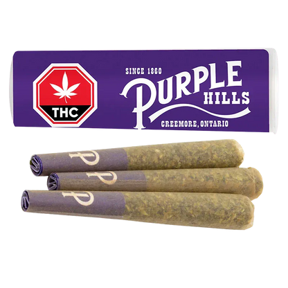 Three pre-rolled joints arranged in a row beneath a purple "Ultra Hi Infused PR 3 x 0.5 g" branded box, shown on a white background.