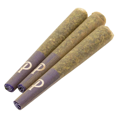 Angled close-up of three tapered Ultra Hi Infused PR 3 x 0.5 g pre-rolls with purple paper tips arranged in a fan on a white background