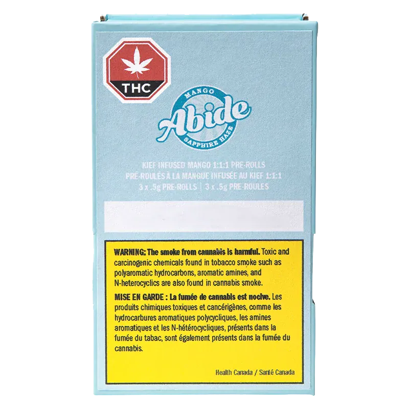 Front-facing view of the pale blue box labeled "CBG Infused Mango PR 3 x 0.5 g" with an Abide logo, THC symbol, and a yellow health warning panel.