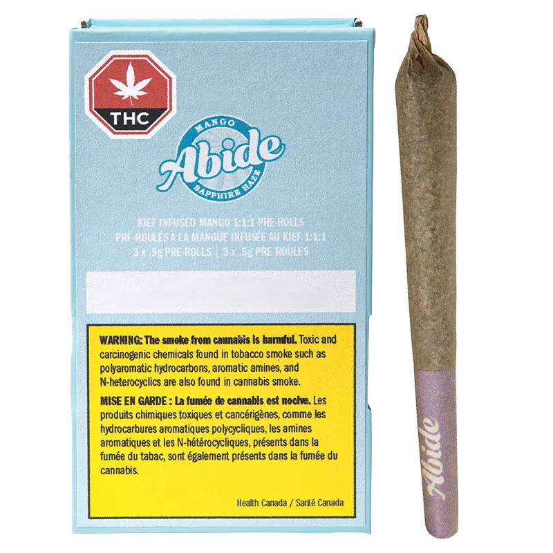 Front view of the blue "CBG Infused Mango PR 3 x 0.5 g" box with THC symbol beside a single rolled joint.