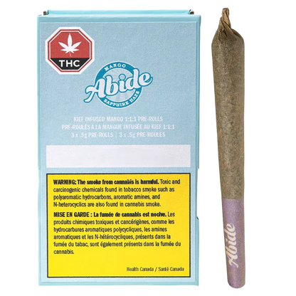 Front view of the blue "CBG Infused Mango PR 3 x 0.5 g" box with THC symbol beside a single rolled joint.