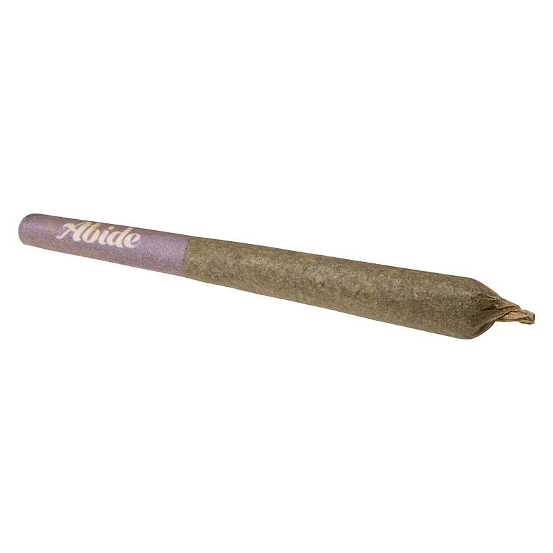 Angled close-up of a pre-rolled joint with a purple filter tip labeled "CBG Infused Mango PR 3 x 0.5 g" on a white background