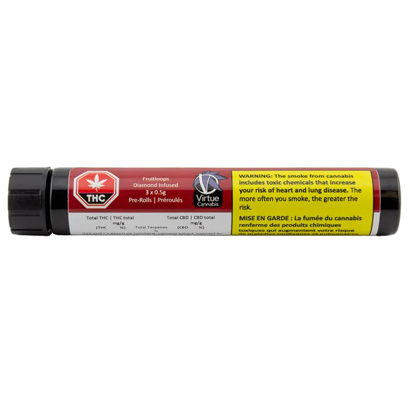 Horizontal studio shot of the Fruitloops Diamond Infused PR 3 x 0.5 g tube, showing its red and yellow warning label and black screw caps.