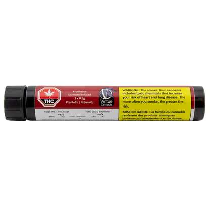 Horizontal studio shot of the Fruitloops Diamond Infused PR 3 x 0.5 g tube, showing its red and yellow warning label and black screw caps.