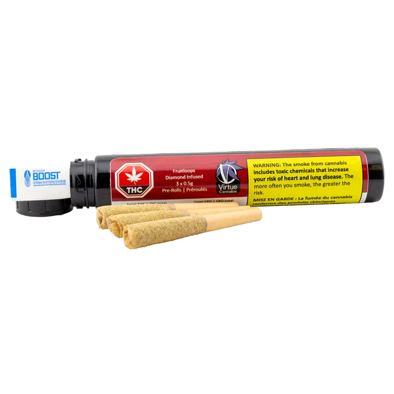Three pre-rolls lined in front of a horizontal black and red tube labeled Fruitloops Diamond Infused PR 3 x 0.5 g.