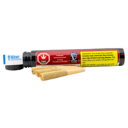 Three pre-rolls lined in front of a horizontal black and red tube labeled Fruitloops Diamond Infused PR 3 x 0.5 g.