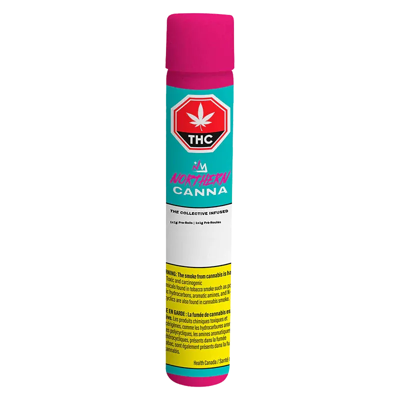 Tall, front-facing shot of The Collective Infused PR 1 x 1 g tube with teal, pink, white, and yellow label details.