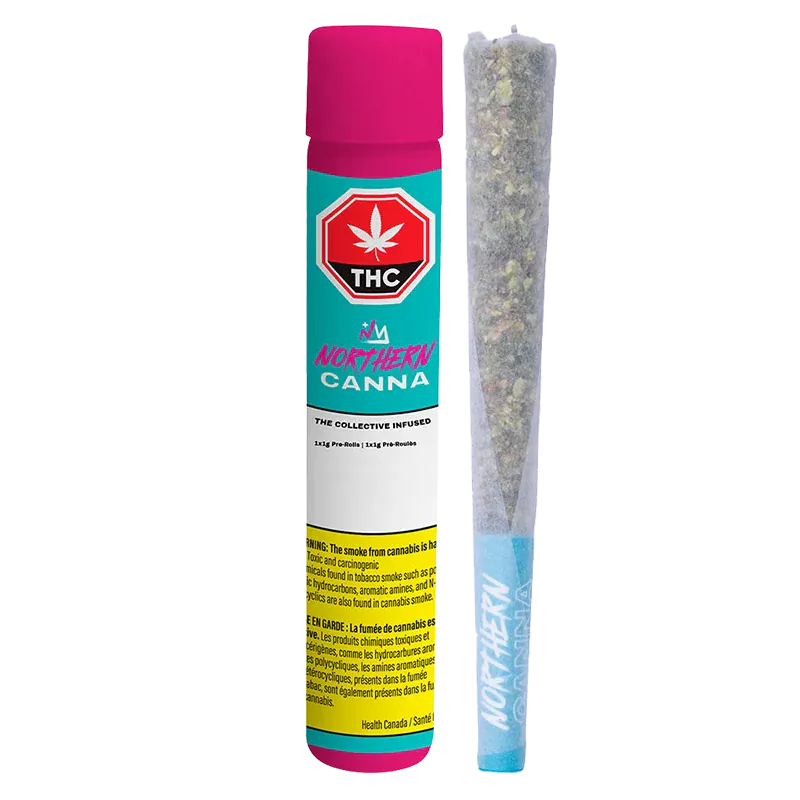 Straight-on product shot of a teal and pink tube next to a cone pre-roll, labeled "The Collective Infused PR 1 x 1 g" with visible THC emblem.