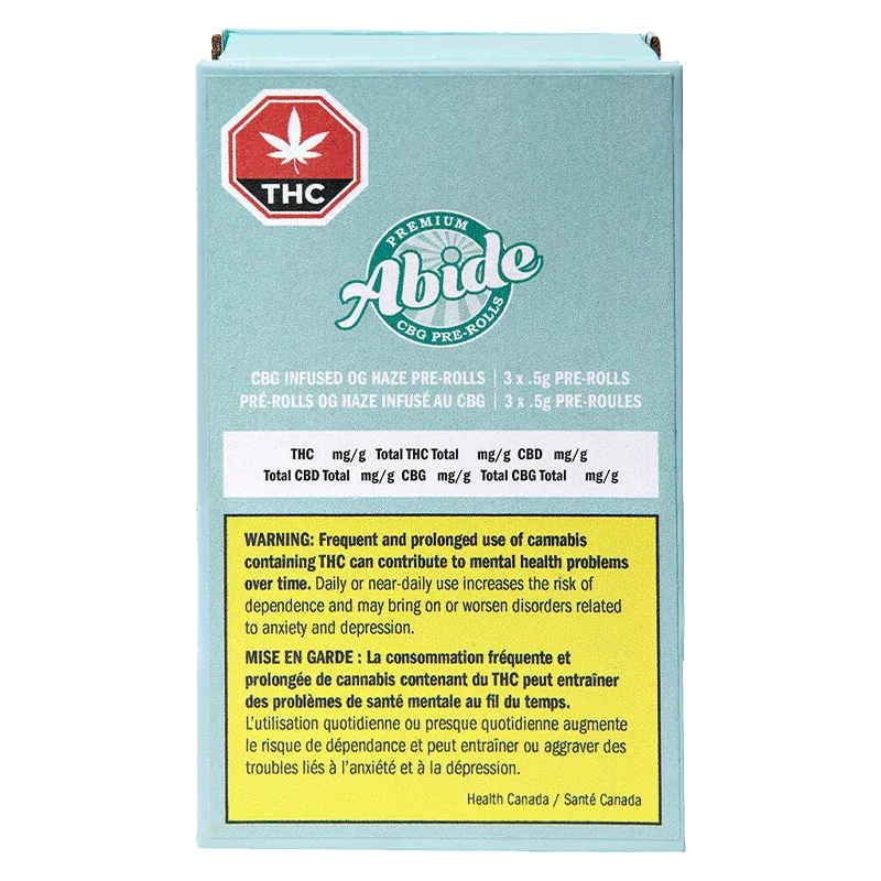 Straight-on view of a teal box labeled "CBG Infused OG Haze PR 3 x 0.5 g" with an Abide logo, THC symbol, and a yellow health warning panel.