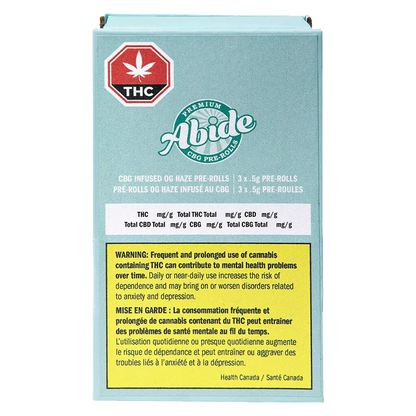 Straight-on view of a teal box labeled "CBG Infused OG Haze PR 3 x 0.5 g" with an Abide logo, THC symbol, and a yellow health warning panel.