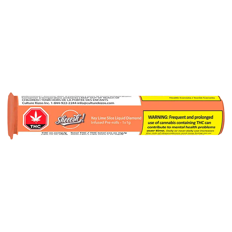 Horizontal close-up of the orange tube packaging labeled "Key Lime Slice Liquid Diamond Infused PR 1 x 1 g" with a THC symbol and yellow warning panel.