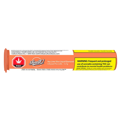Horizontal close-up of the orange tube packaging labeled "Key Lime Slice Liquid Diamond Infused PR 1 x 1 g" with a THC symbol and yellow warning panel.