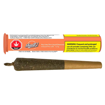 Side view of a single pre-roll and its orange tube packaging labeled Key Lime Slice Liquid Diamond Infused PR 1 x 1 g.