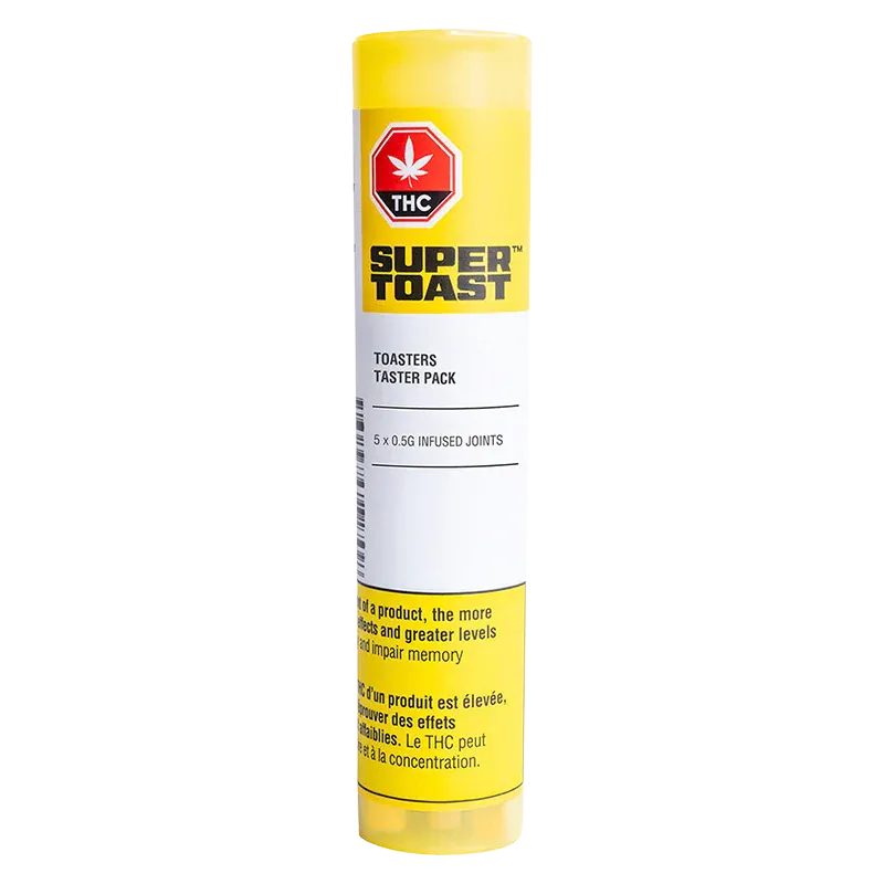 Tall front-facing shot of the yellow Super Toast Toasters Taster Pack Infused PR 5 x 0.5 g tube against a white background.