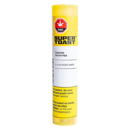 Tall front-facing shot of the yellow Super Toast Toasters Taster Pack Infused PR 5 x 0.5 g tube against a white background.