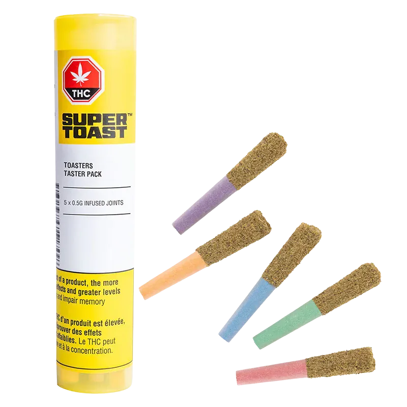 Straight-on view of a yellow tube and five colored cone tips of the Toasters Taster Pack Infused PR 5 x 0.5 g arranged on a white background.