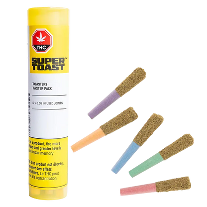 Straight-on view of a yellow tube and five colored cone tips of the Toasters Taster Pack Infused PR 5 x 0.5 g arranged on a white background.
