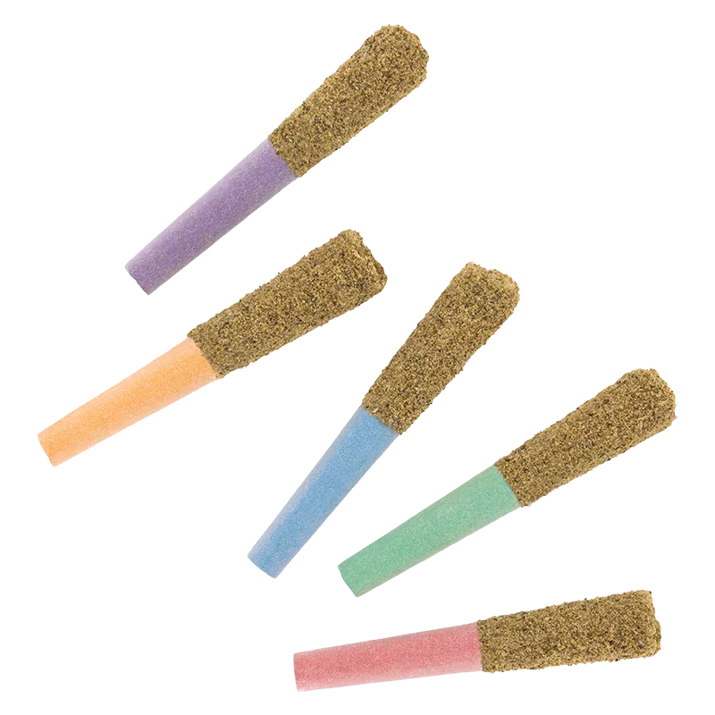 Angled overhead view of six colorful cone tips in a fan arrangement showing the Toasters Taster Pack Infused PR 5 x 0.5 g with pastel paper filters and kief-coated tips.