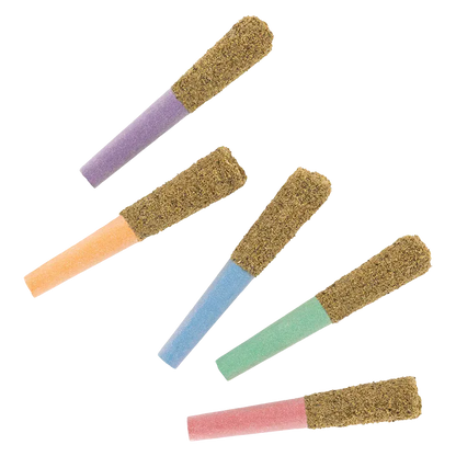 Angled overhead view of six colorful cone tips in a fan arrangement showing the Toasters Taster Pack Infused PR 5 x 0.5 g with pastel paper filters and kief-coated tips.