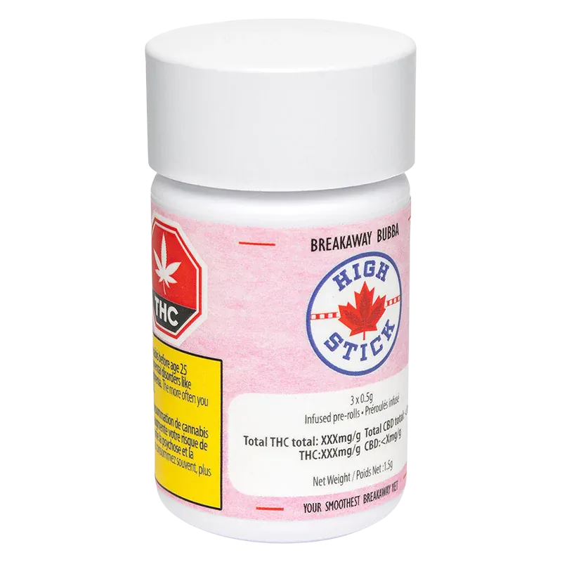 Front three-quarter view of a white jar labeled "Breakaway Bubba Infused PR 3 x 0.5 g" with a pink wraparound label, a maple-leaf "High Stick" logo and THC symbol.