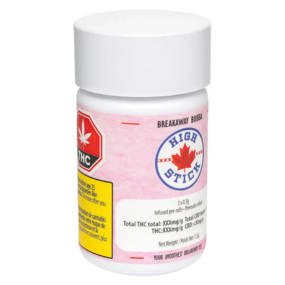 Front three-quarter view of a white jar labeled "Breakaway Bubba Infused PR 3 x 0.5 g" with a pink wraparound label, a maple-leaf "High Stick" logo and THC symbol.