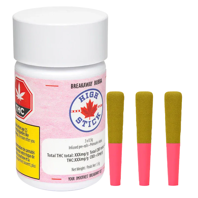 Front view of a white container labeled Breakaway Bubba Infused PR 3 x 0.5 g with three pink-tipped, gold-coated pre-rolls standing beside it.