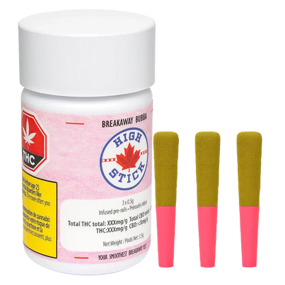 Front view of a white container labeled Breakaway Bubba Infused PR 3 x 0.5 g with three pink-tipped, gold-coated pre-rolls standing beside it.
