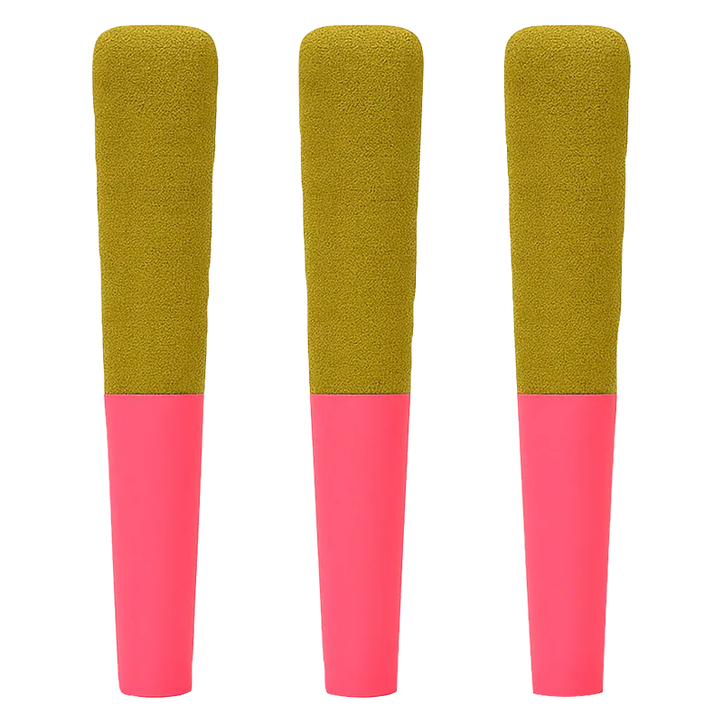 Front-facing view of three pink-handled, olive-green tipped Breakaway Bubba Infused PR 3 x 0.5 g pieces aligned side by side.